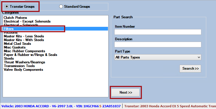An item selected in the list of Transtar groups.